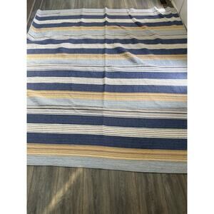 Cotton Striped Coastal Quilt 84”x89” Reversible Blue Beige Full Queen Cottage